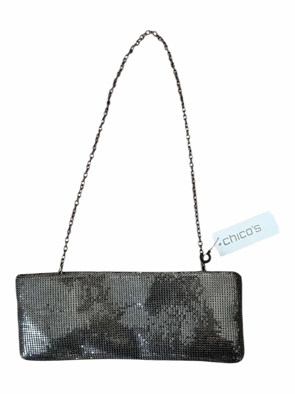 NWT Chico’s silver black Sandra mesh bag clutch metal chain sparkle